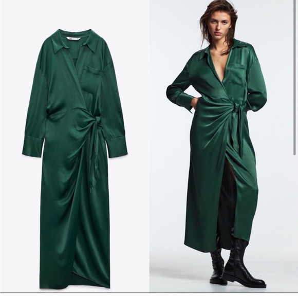 Zara Green silky Pattern dress Evening wrap style buckle L main image 1